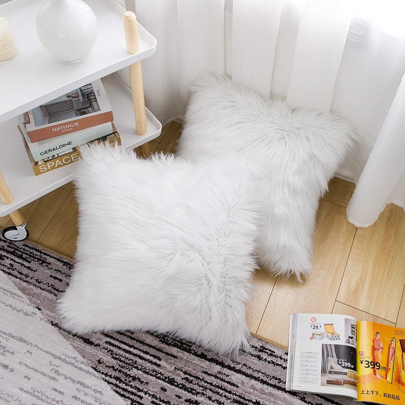 WLNUI Set of 2 White Decorative Fluffy Pillow Covers New Luxury Series Merino Style Faux Fur Throw Pillow Covers Square Fuzzy Cushion Case Spring Easter Home Decor 20x20 Inch - Image 4